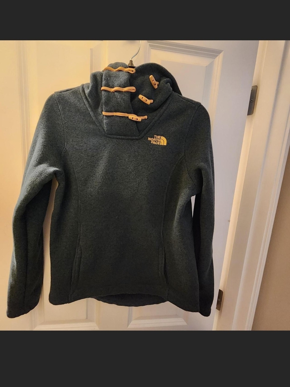 The North Face Navy Fleece Hoodie with Tan Toggle Accents